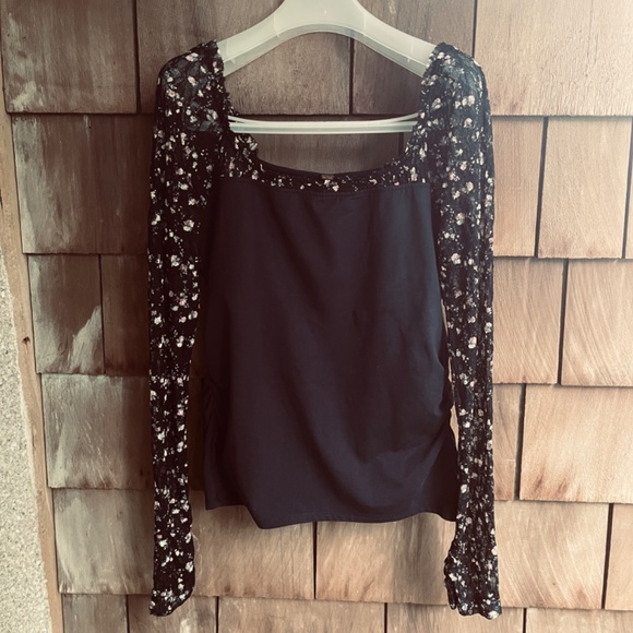 Free People Josie Long Sleeve Top in Black Combo Cotton Jersey Lace Size XL - Picture 5 of 16